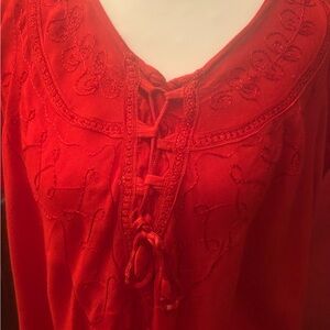 Red Embroidered Lace-Up Top